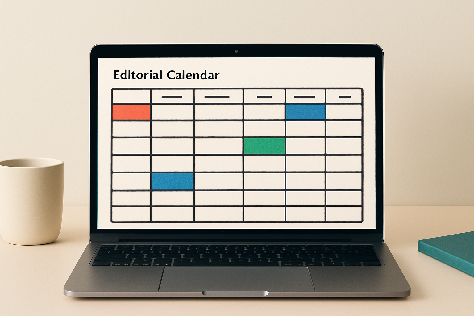 A clean editorial calendar template open in a spreadsheet application on a modern laptop screen, shown on a minimal desk workspace. Soft, professional lighting. No text overlays, no color codes, no hex codes visible. Focus on the organized table structure with columns and rows, representing content planning and team workflow.